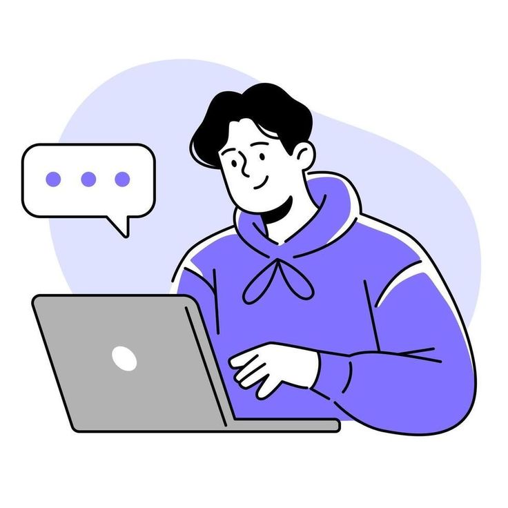 Persona trabajando en laptop con burbuja de diálogo